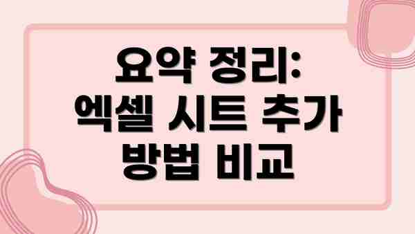 요약 정리: 엑셀 시트 추가 방법 비교